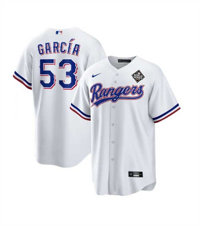 Men's Texas Rangers #53 Adolis Garcia White 2023 World Series Stitched Baseball Jersey Dzhi